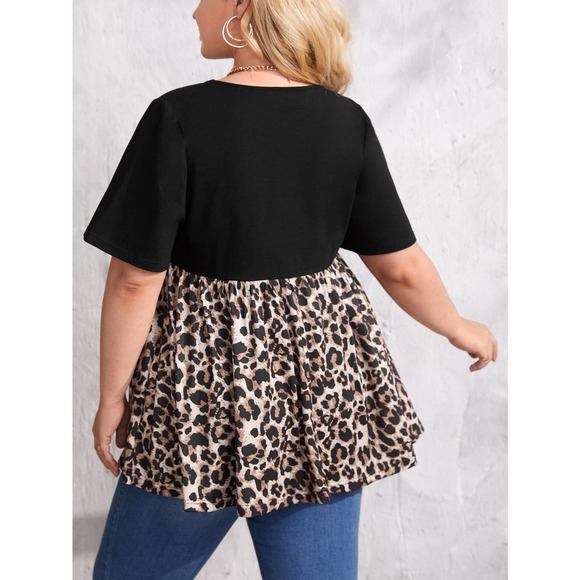PLUS SIZE Maternity Leopard Ruffle Hem short sleeve tee black tan - Picture 2 of 5